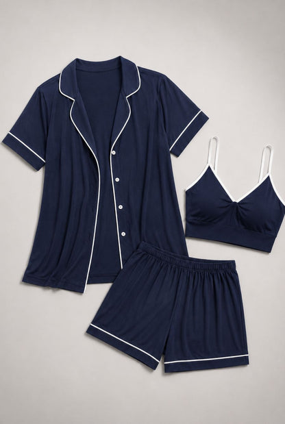 Pijama feminino conjunto trio valen azul marinho — foto somente do produto, sem modelo
