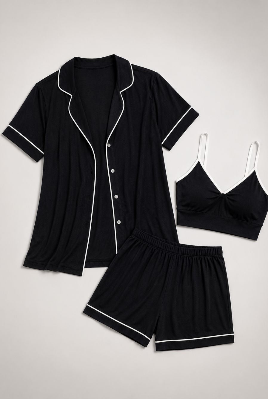 Pijama feminino conjunto trio valen preto — foto somente do produto, sem modelo