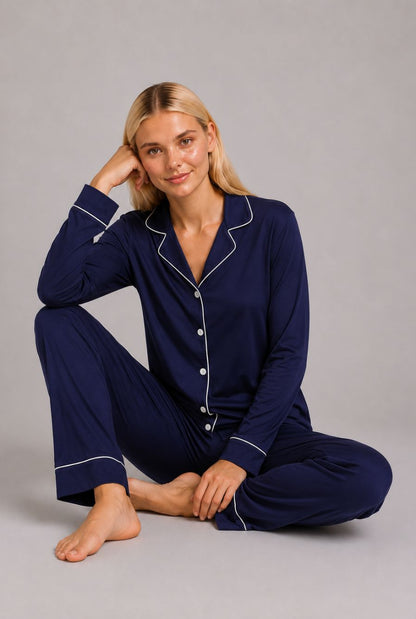 Modelo utilizando o pijama americano feminino safira azul marinho em pose livre