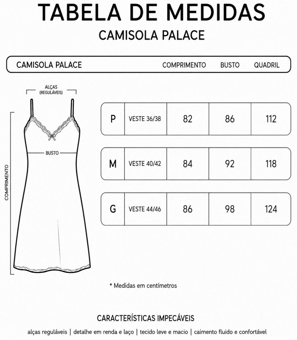 Tabela de medidas camisola palace