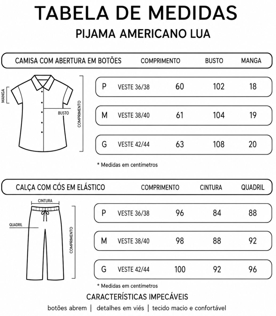 Tabela de medidas pijama americano lua