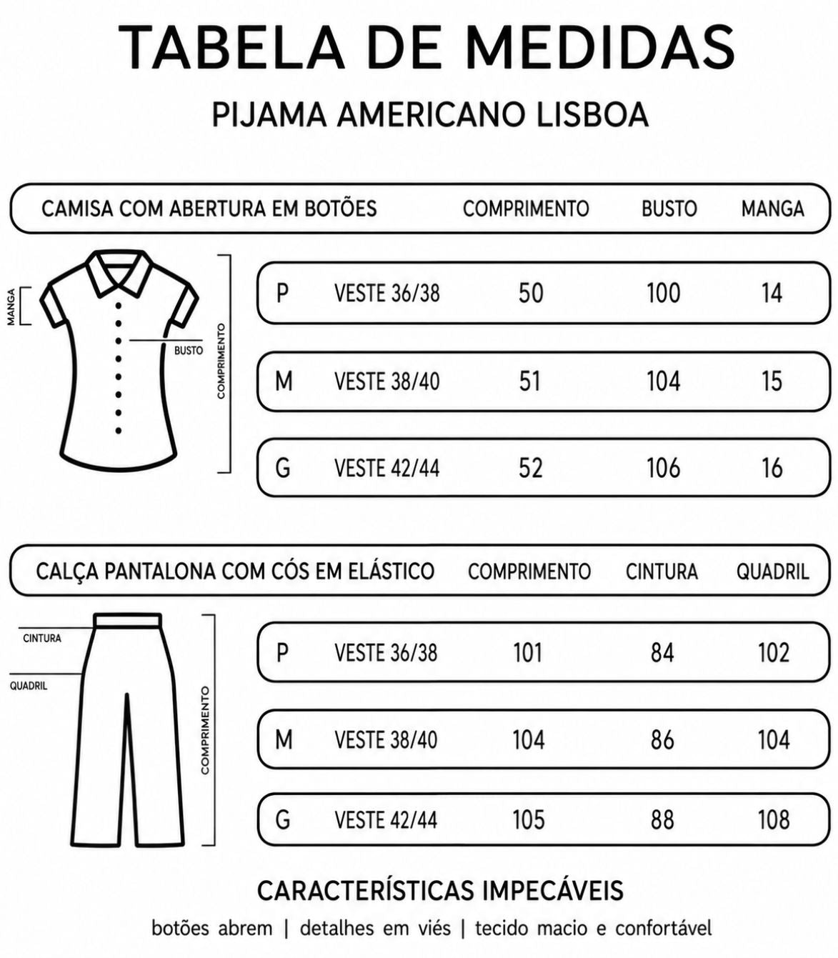 Tabela de medidas pijama feminino americano lisboa
