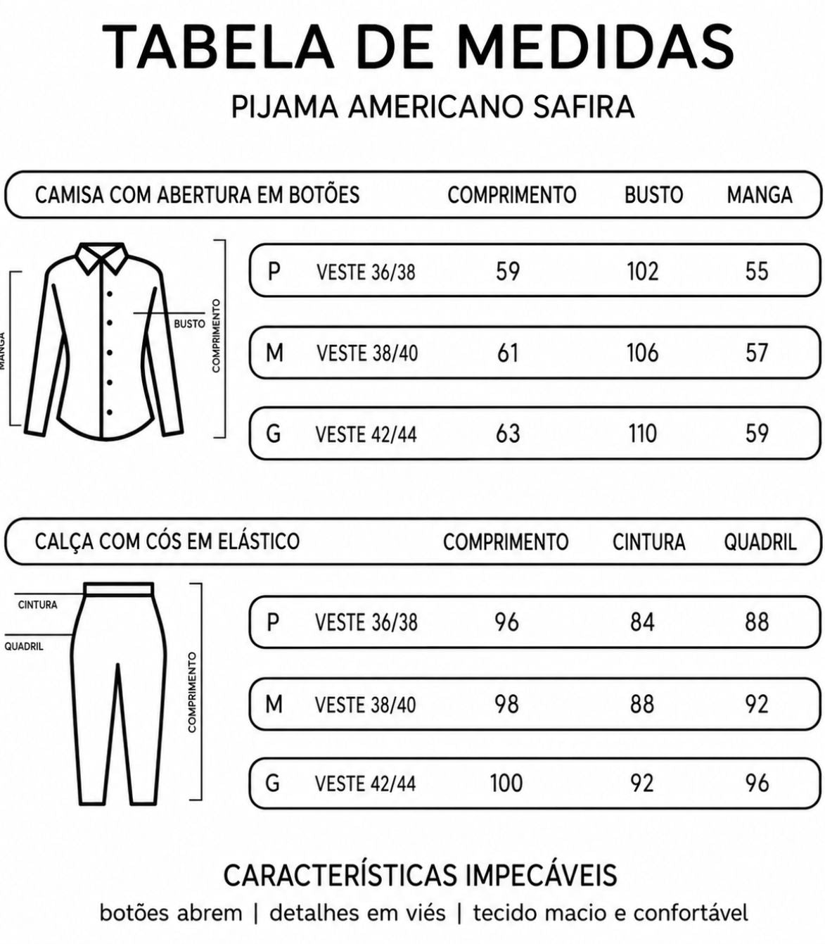tabela medida pijama feminino americano safira