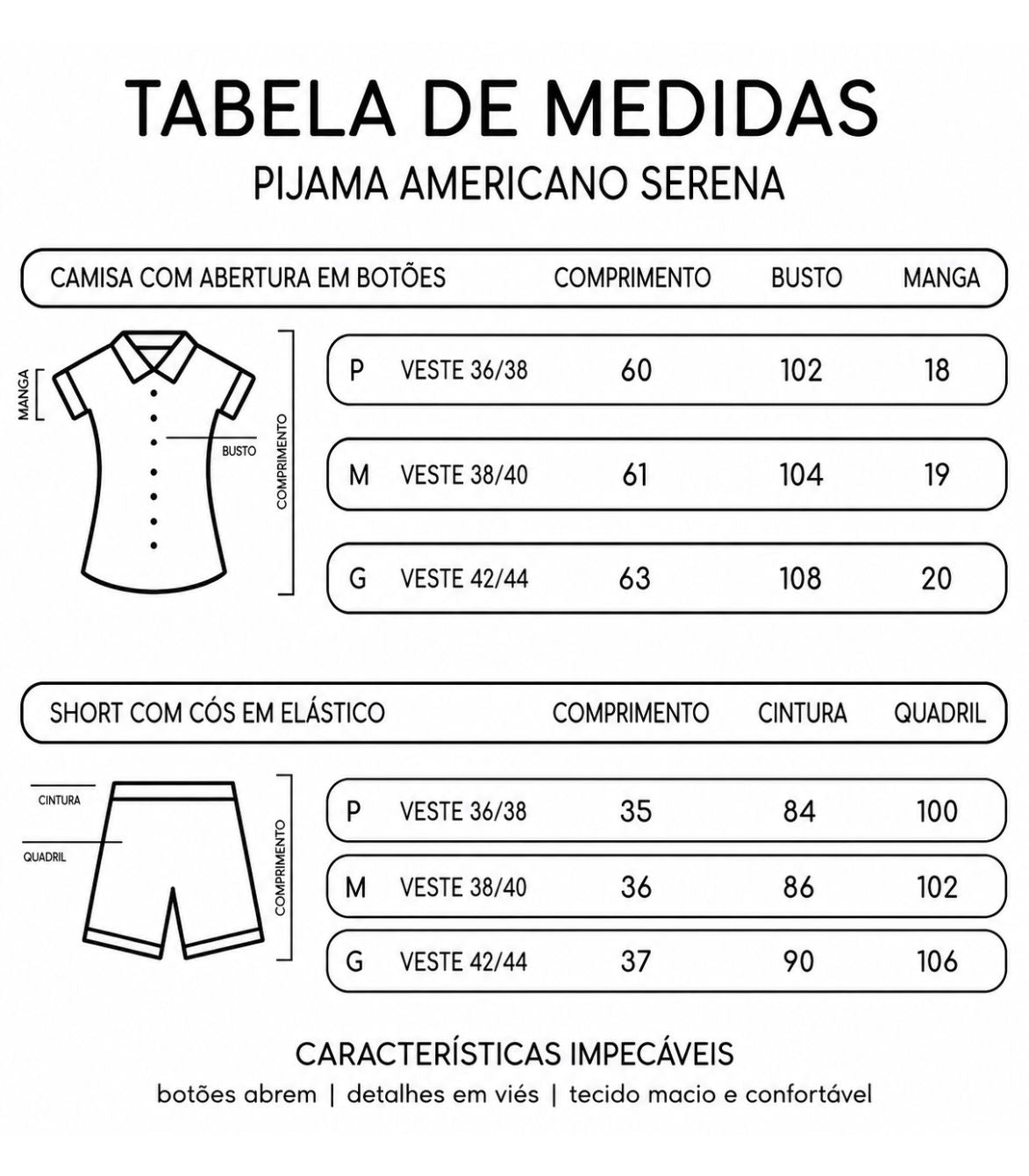 Tabela de medidas pijama feminino americano serena