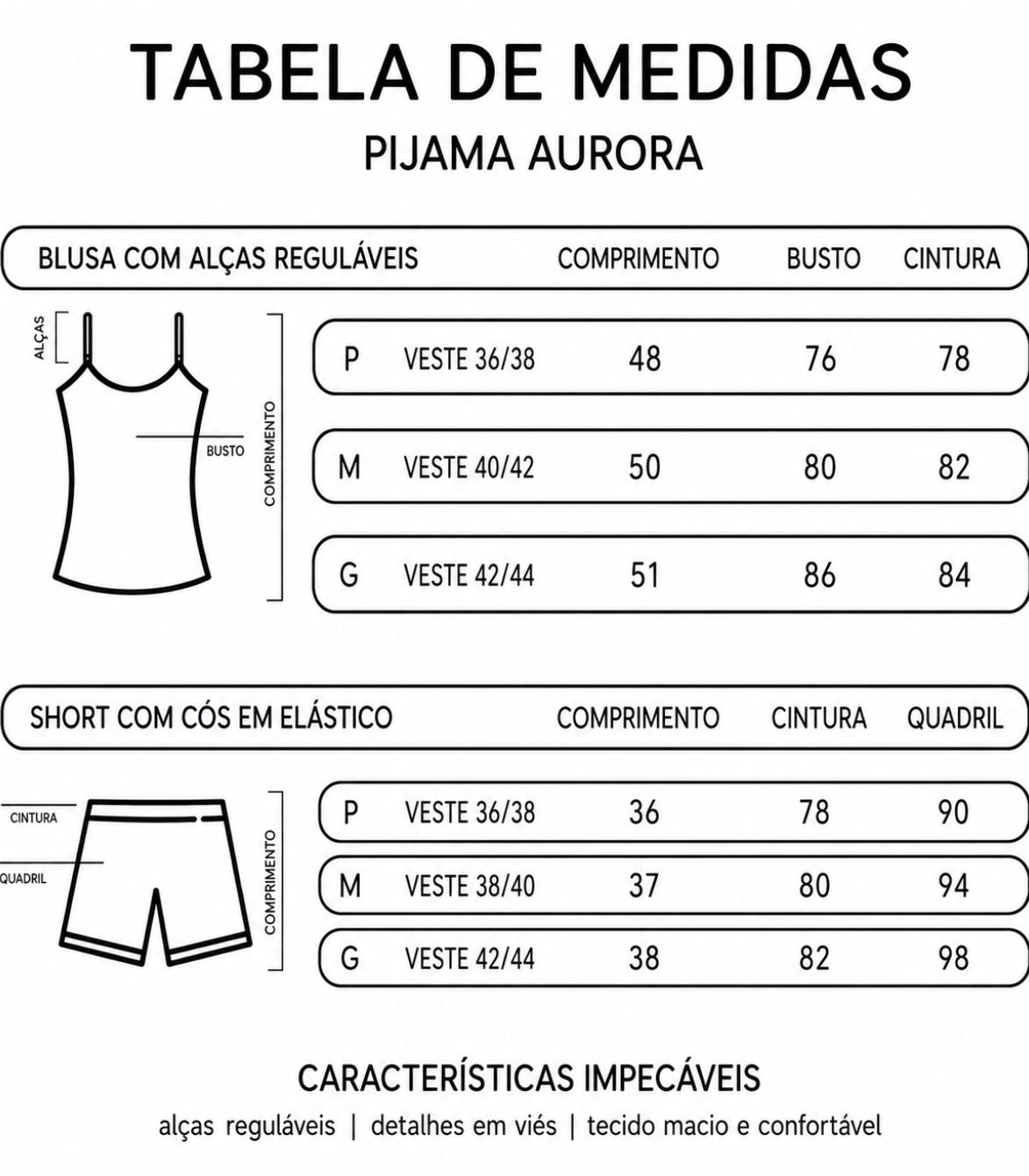 Tabela de medidas pijama conjunto aurora