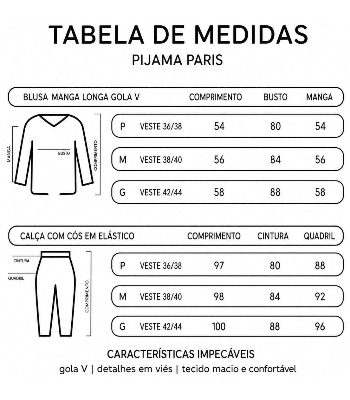Tabela de medidas pijama conjunto paris