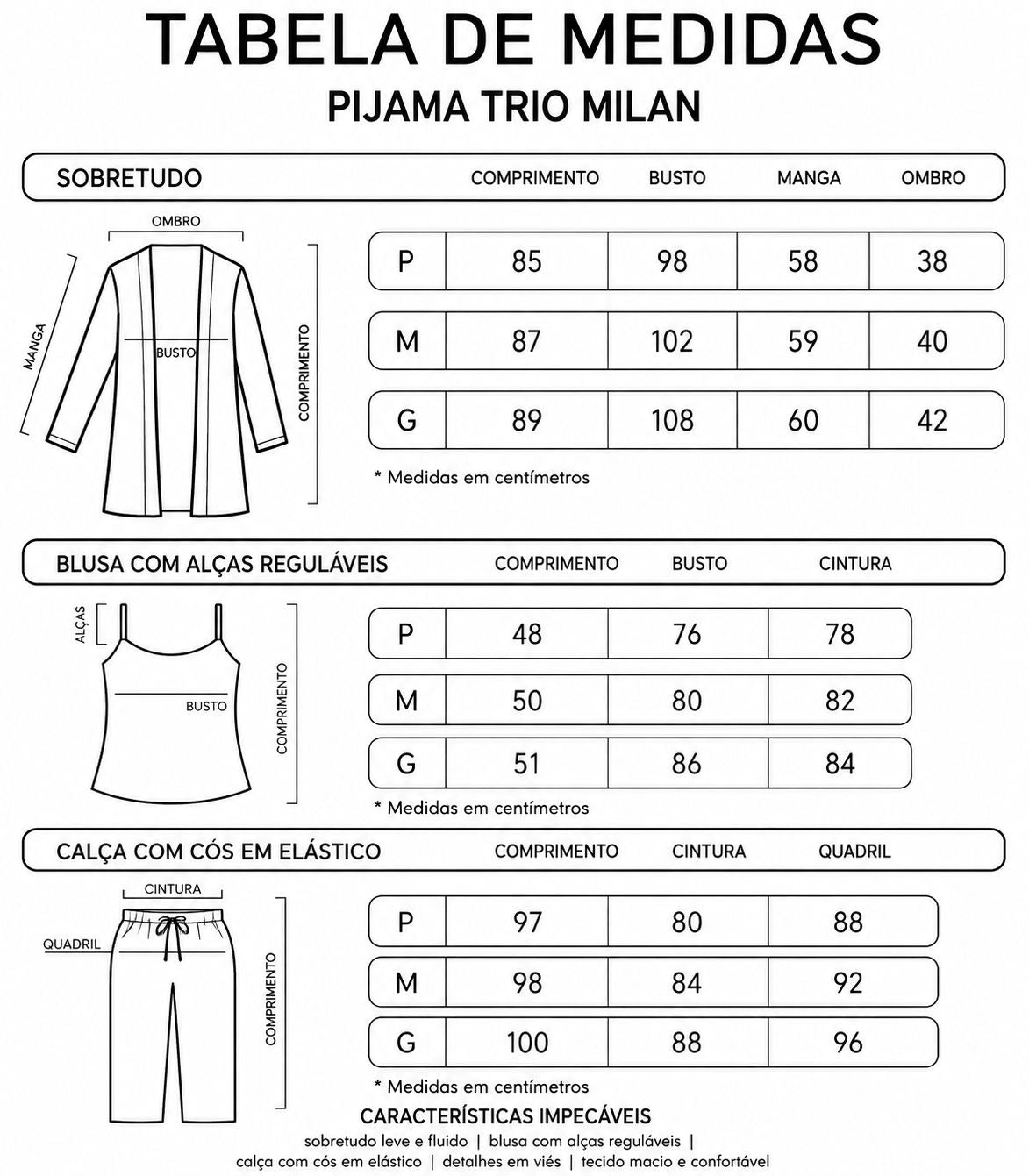 Tabela medidas pijama trio milan