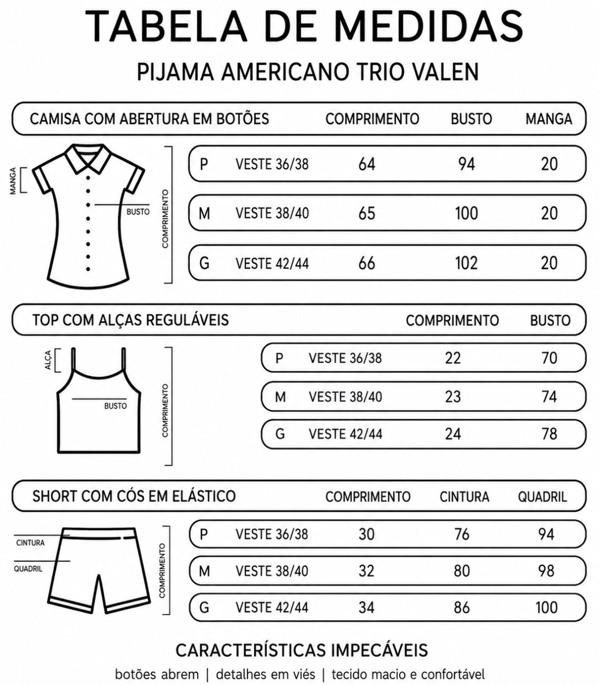 Tabela de medidas pijama trio valen