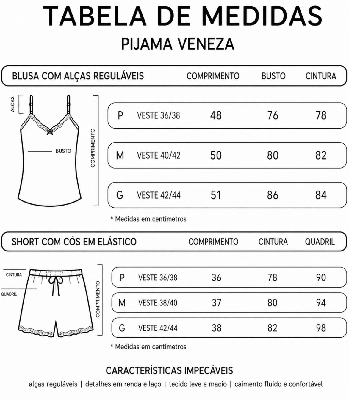 Tabela medida pijama veneza